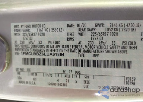 2020 Ford Escape Se Sport из США, поврежденный, VIN 1FMCU9BZ6LUA61864